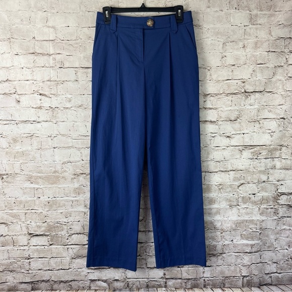 Sezane Women's Size FR 34 Blue Straight Leg Pants Tortoiseshell Button Viscose - Picture 1 of 8